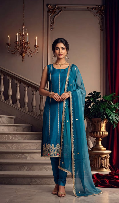 Blue Hand-worked Silk Unstitched Suit Set