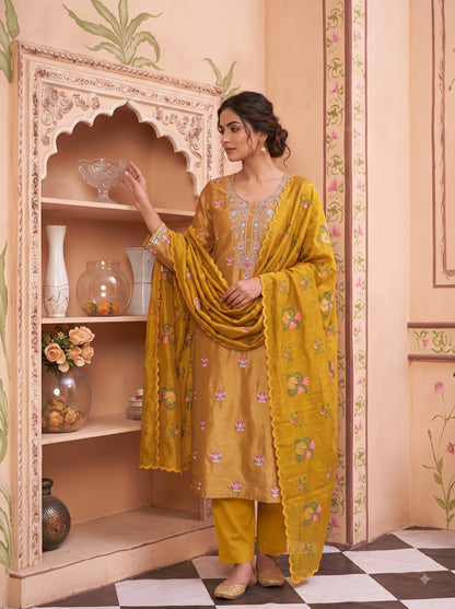 Zaribari Mustard Yellow Embroidered Unstitched Suit Set with Dupatta