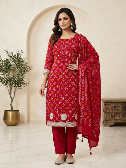 Pure Red Bandhej Unstitched Suit – 3 Piece Set