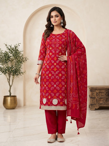Pure Red Bandhej Unstitched Suit – 3 Piece Set