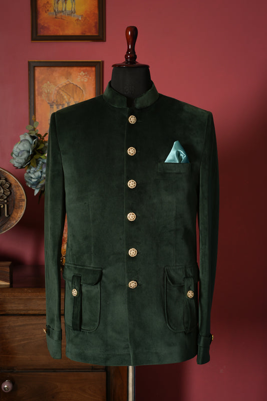 Mungiya Green Designer Velvet Jodhpuri Blazer