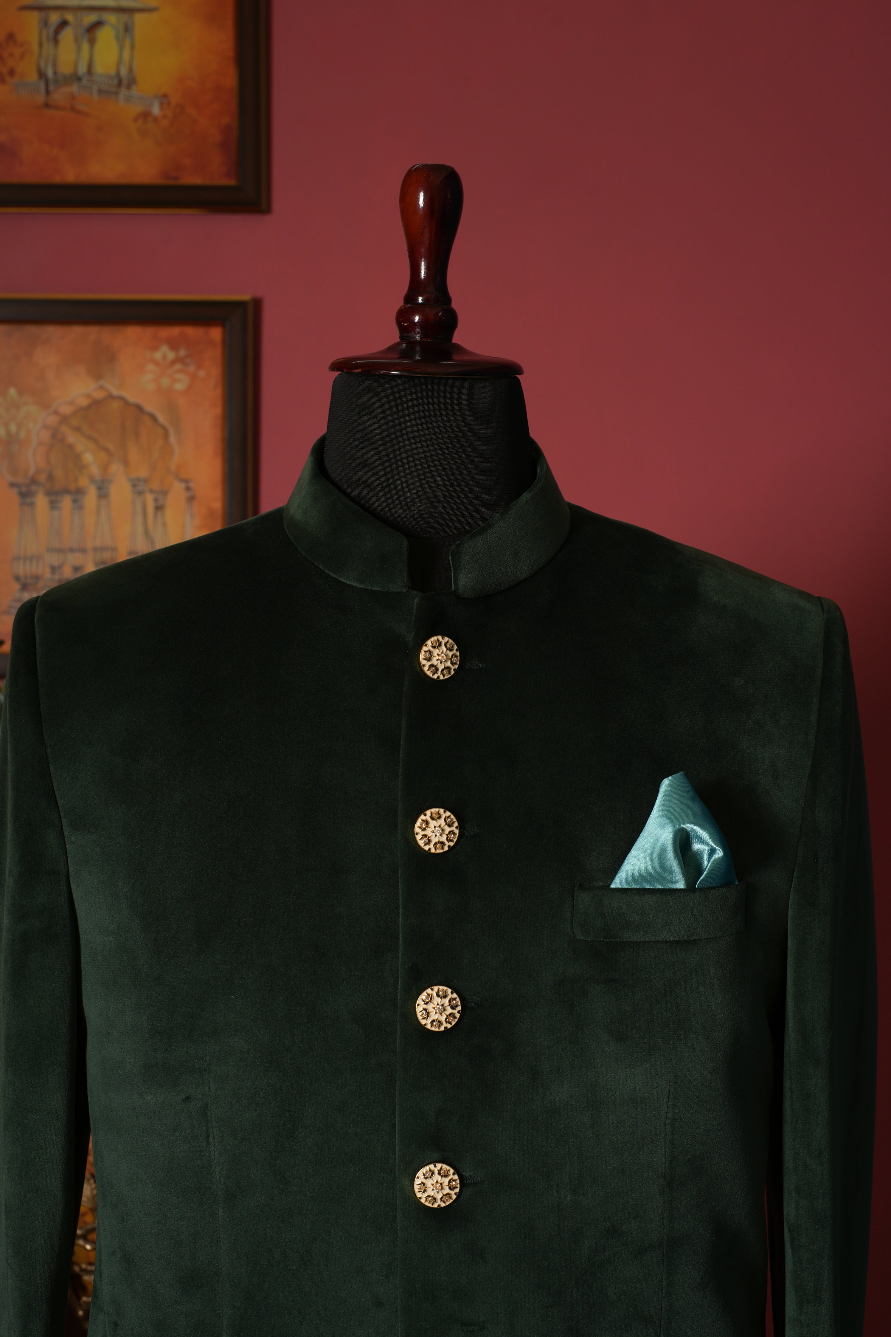 Mungiya Green Designer Velvet Jodhpuri Blazer Zaribari