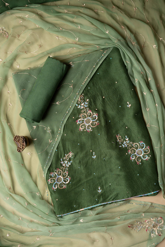 Mungiya Green Zari Chakari Butta Russian Silk Unstitched Suit