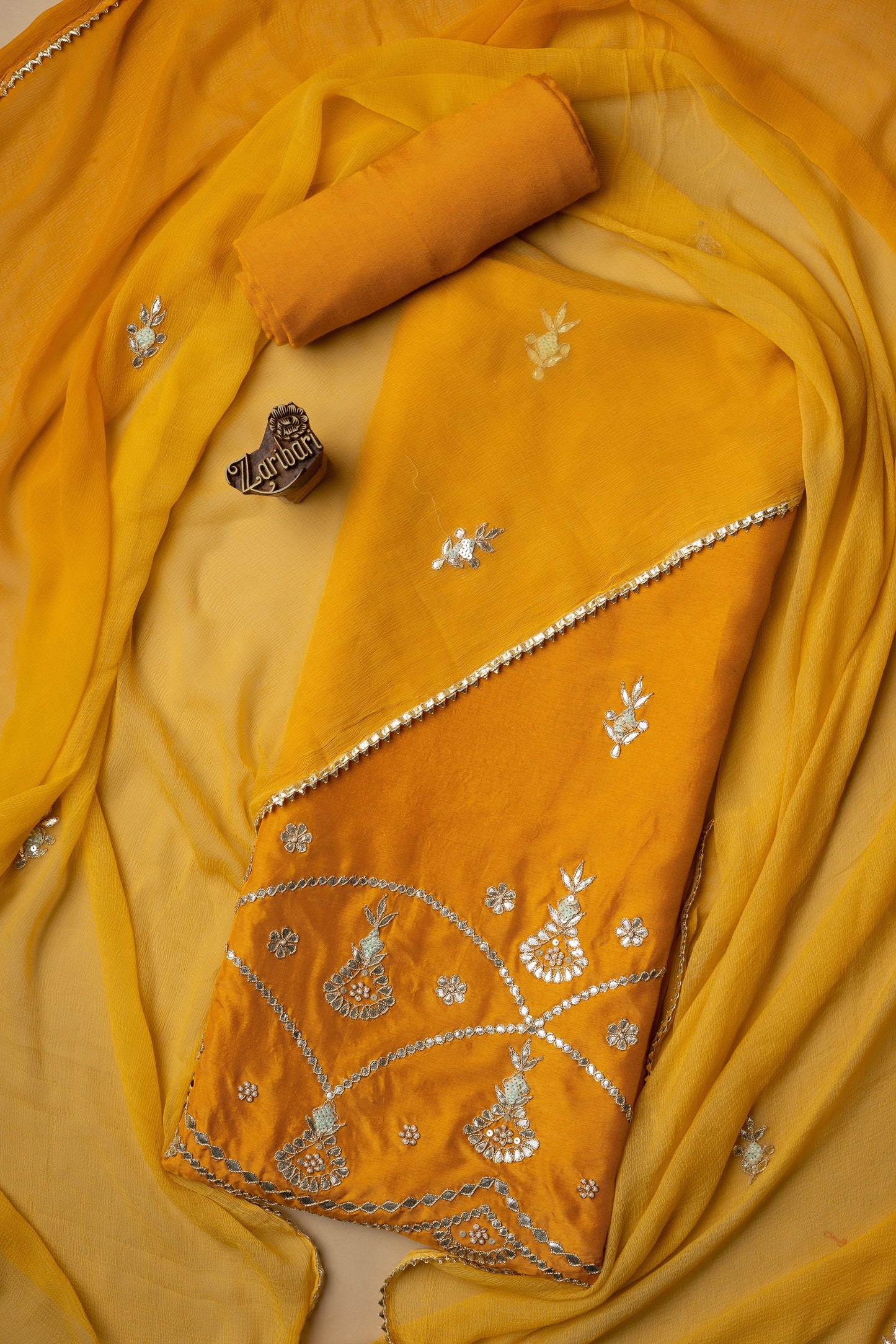 Mustard Yellow Daman Mehrav Border Pure Dola Silk Unstitched Suit
