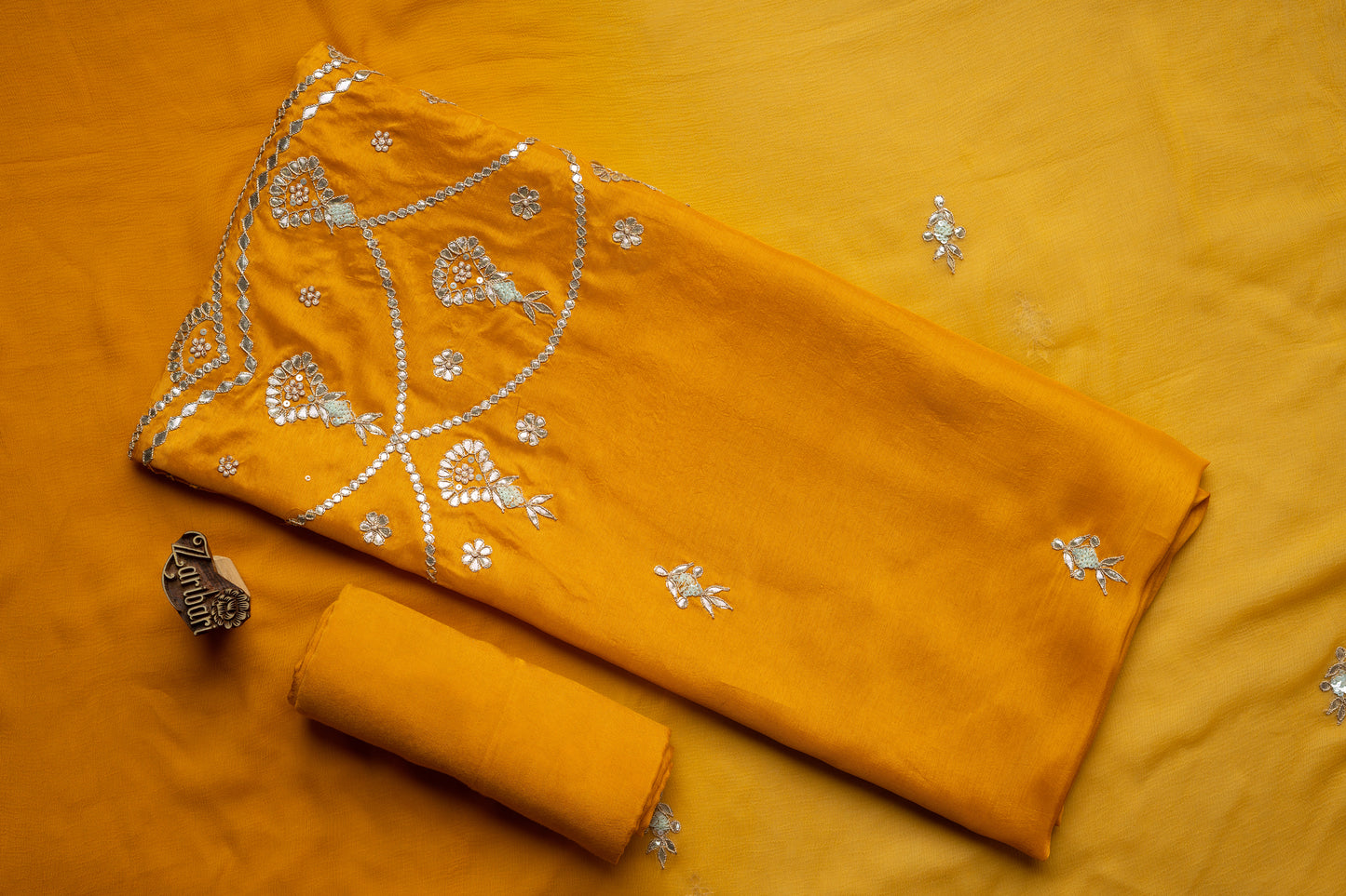 Mustard Yellow Daman Mehrav Border Pure Dola Silk Unstitched Suit