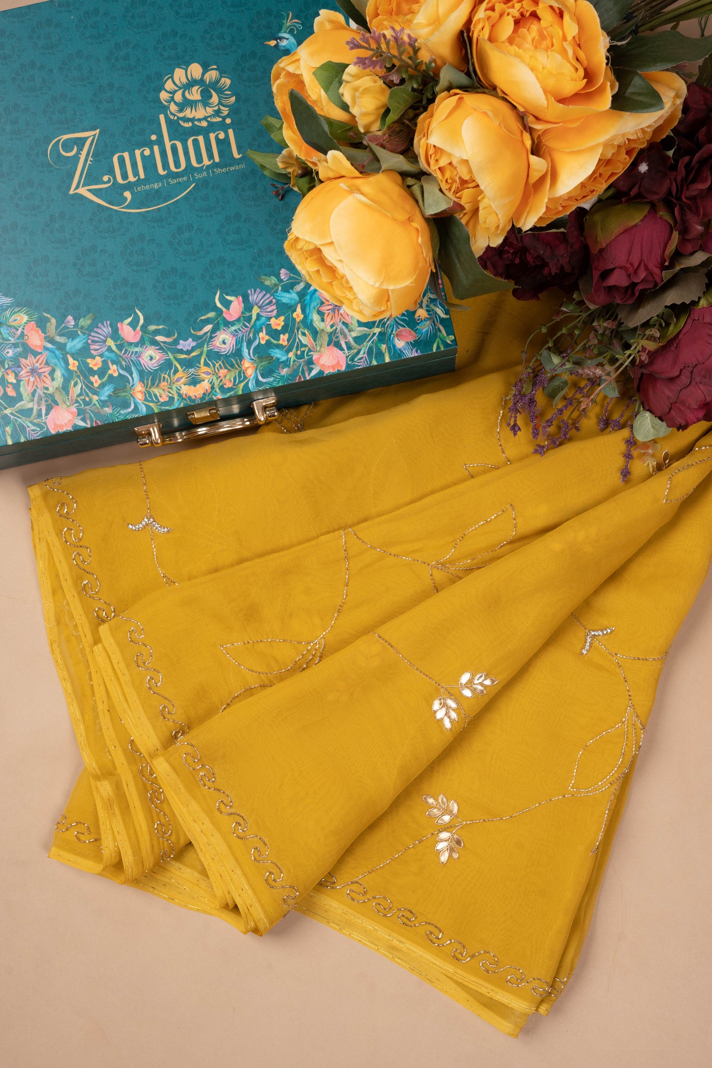 Mustard Yellow Kardana Jaal Organza Saree