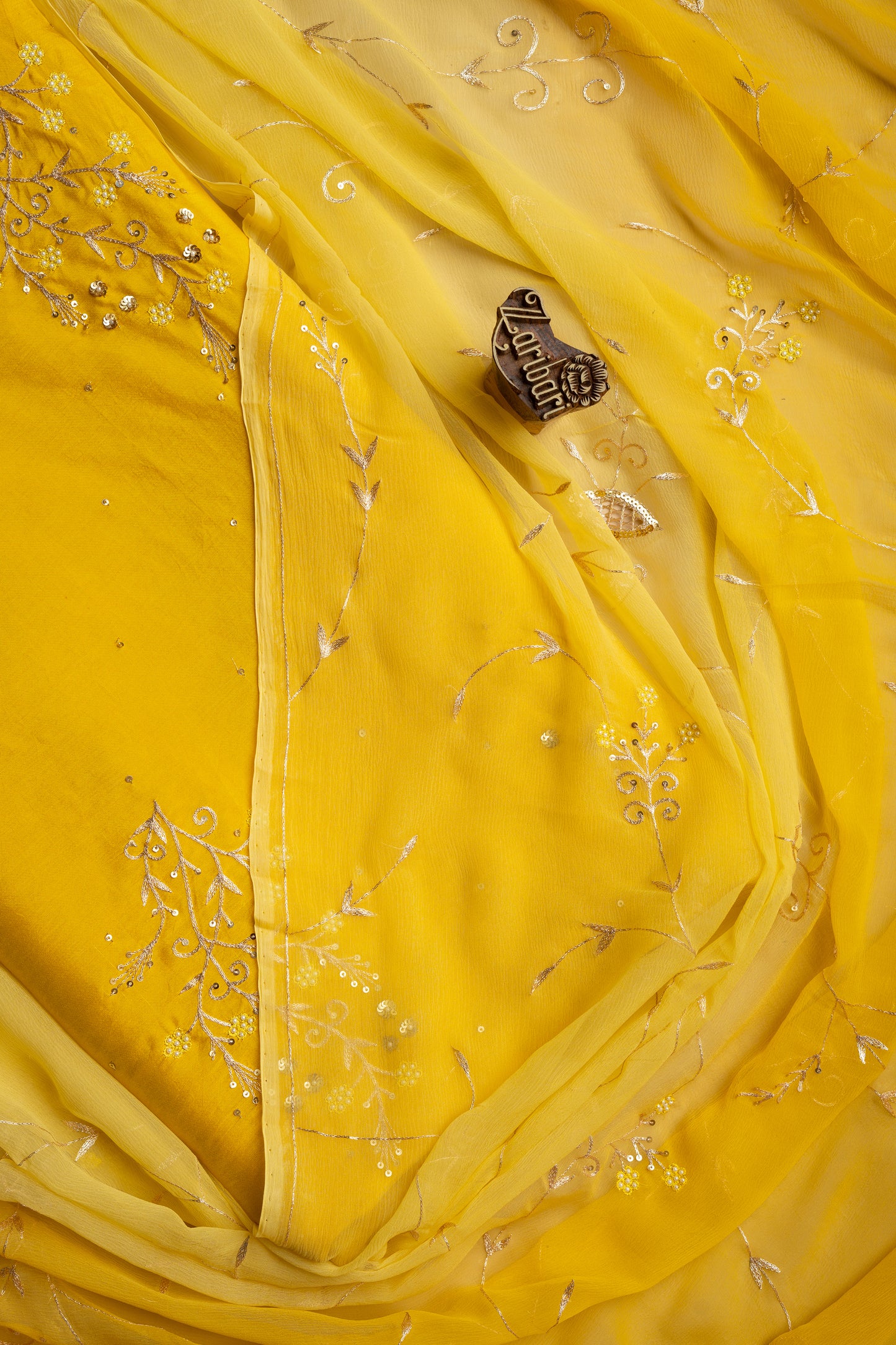 Mustard Yellow Zari Moti Sequins Butta Russian Silk Unstitched Suit