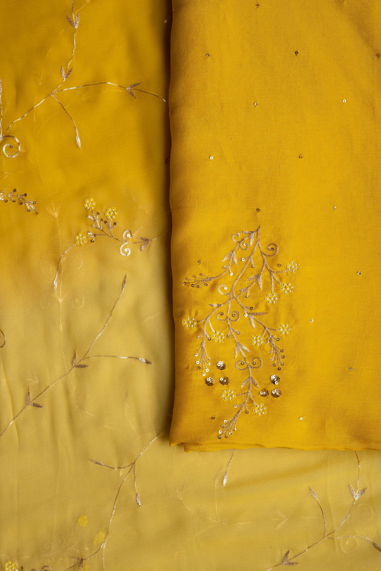 Mustard Yellow Zari Moti Sequins Butta Russian Silk Unstitched Suit
