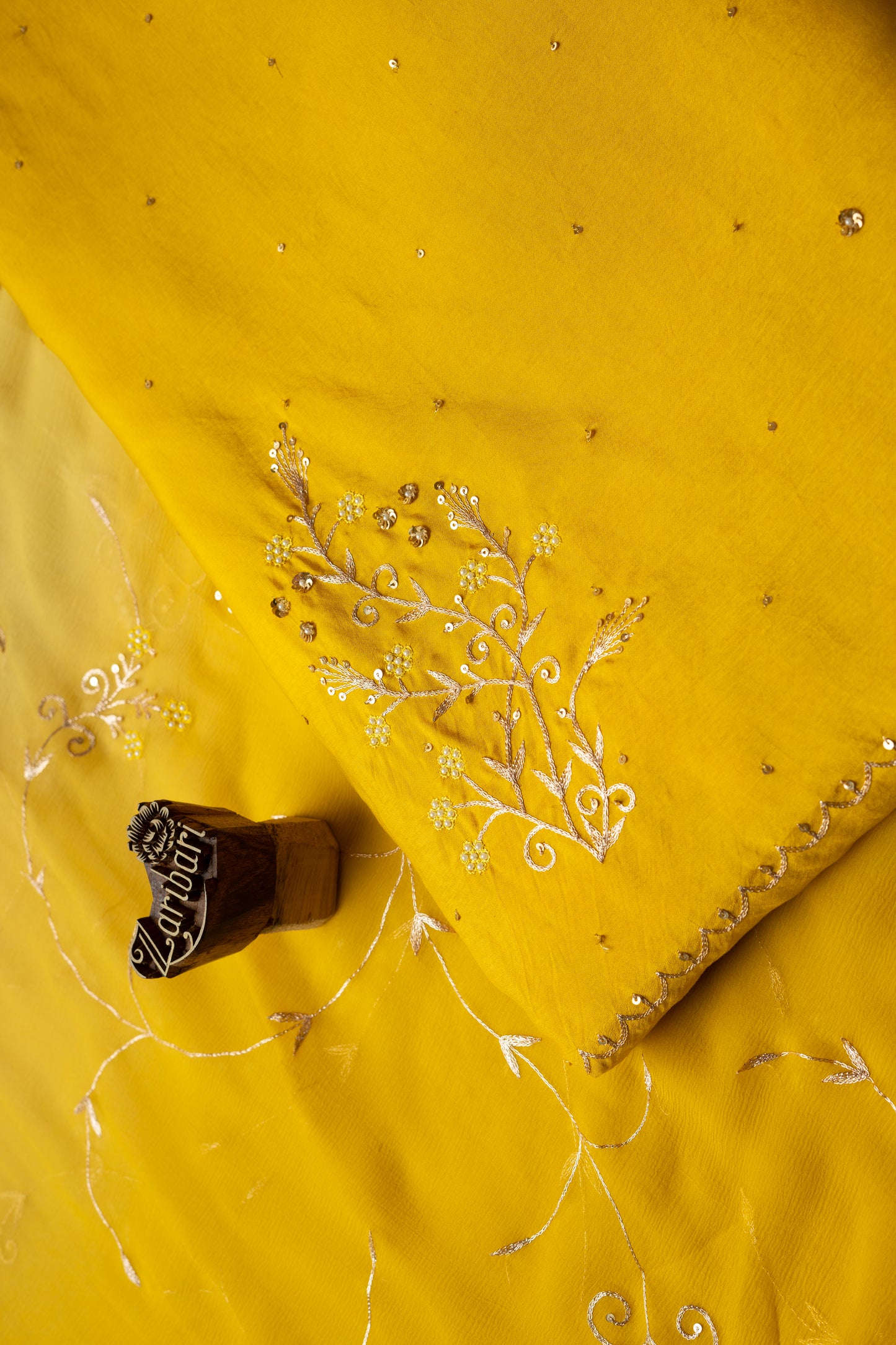 Mustard Yellow Zari Moti Sequins Butta Russian Silk Unstitched Suit