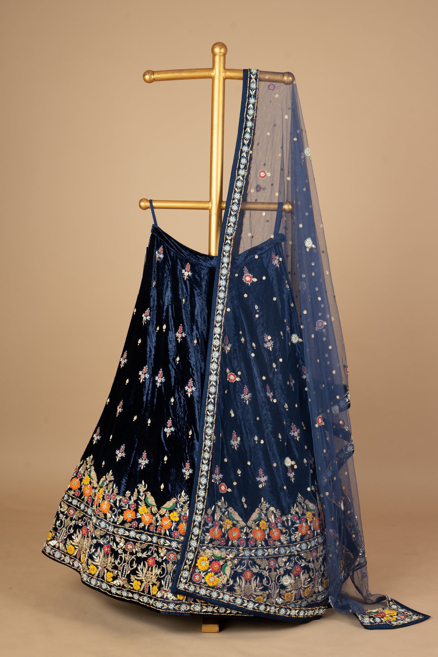 Navy Blue Designer Double Chidiya Anchor Flower Silk Velvet Lehenga