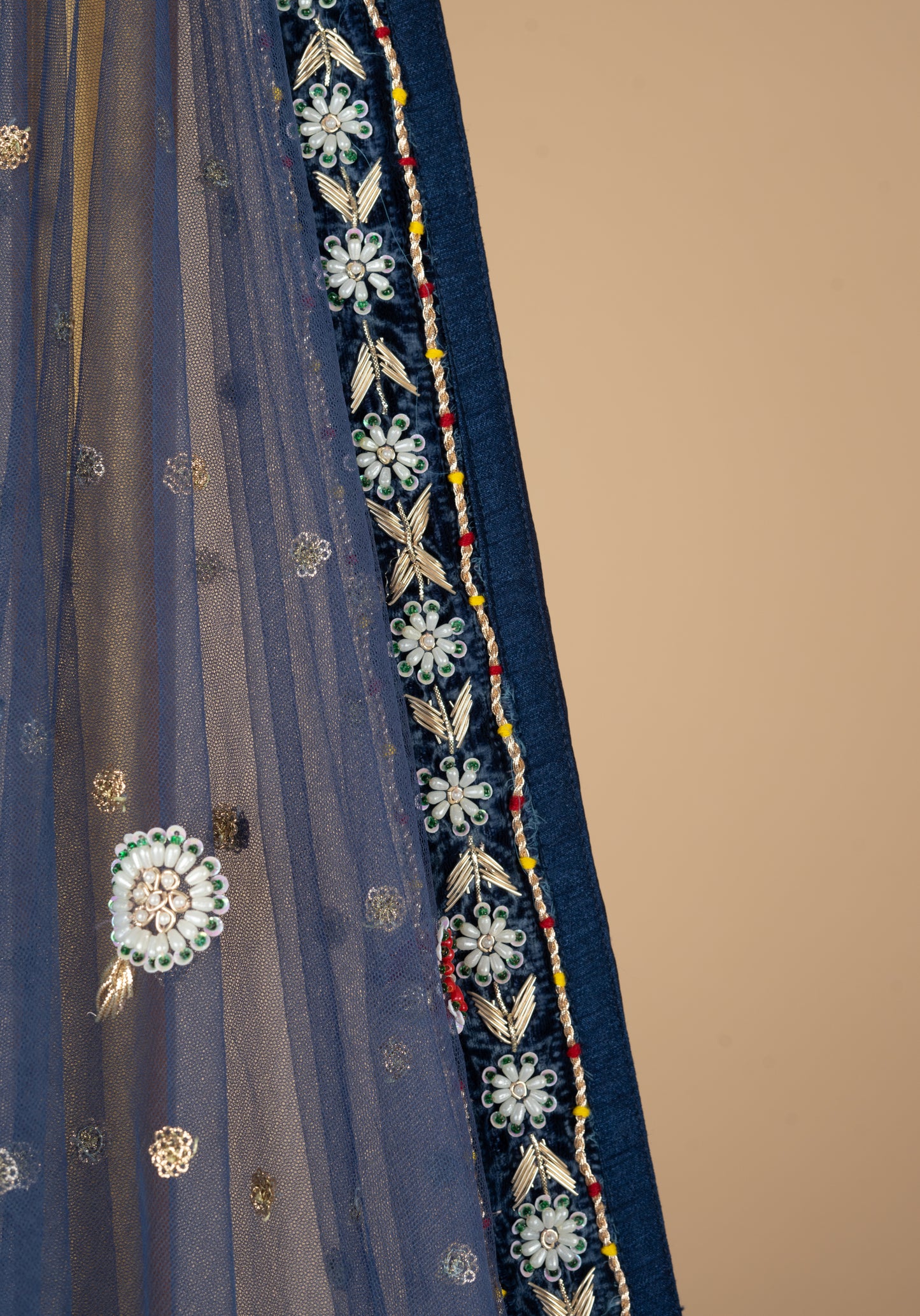 Navy Blue Designer Double Chidiya Anchor Flower Silk Velvet Lehenga