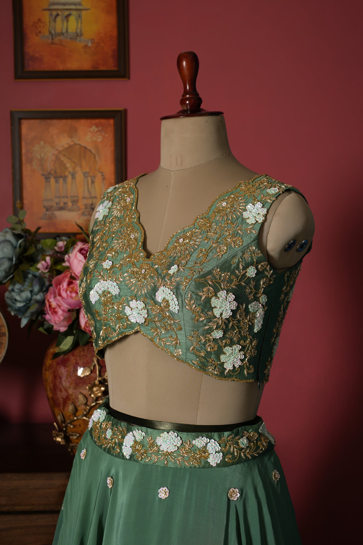 Olive Green Designer Sequins Dabka Crepe Silk Crop Set