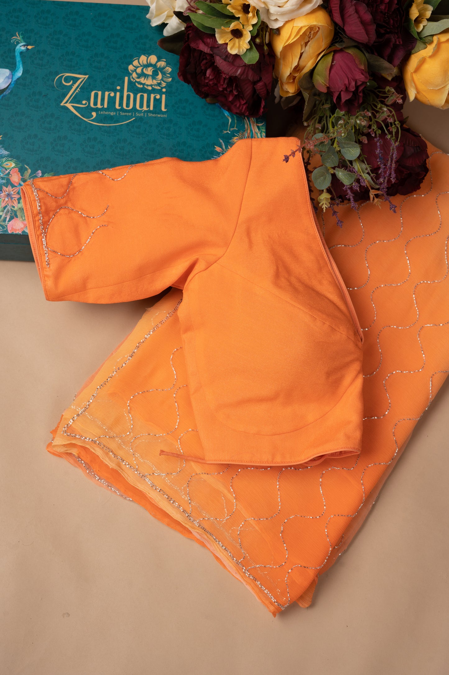 Orange Multi Colour Kardana Jaal Pure Chiffon Saree