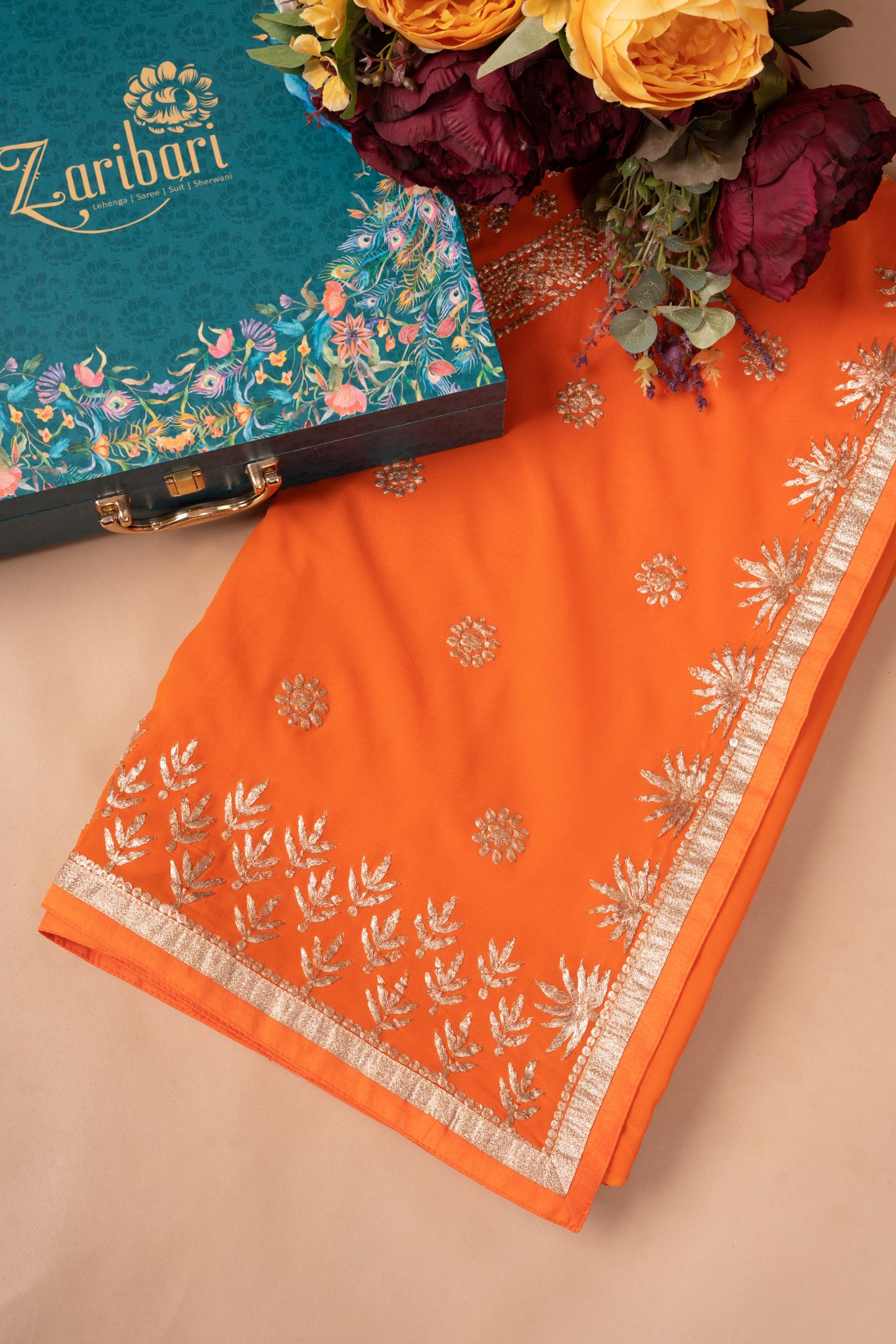 Orange Peach Gota Patti Border Georgette Saree