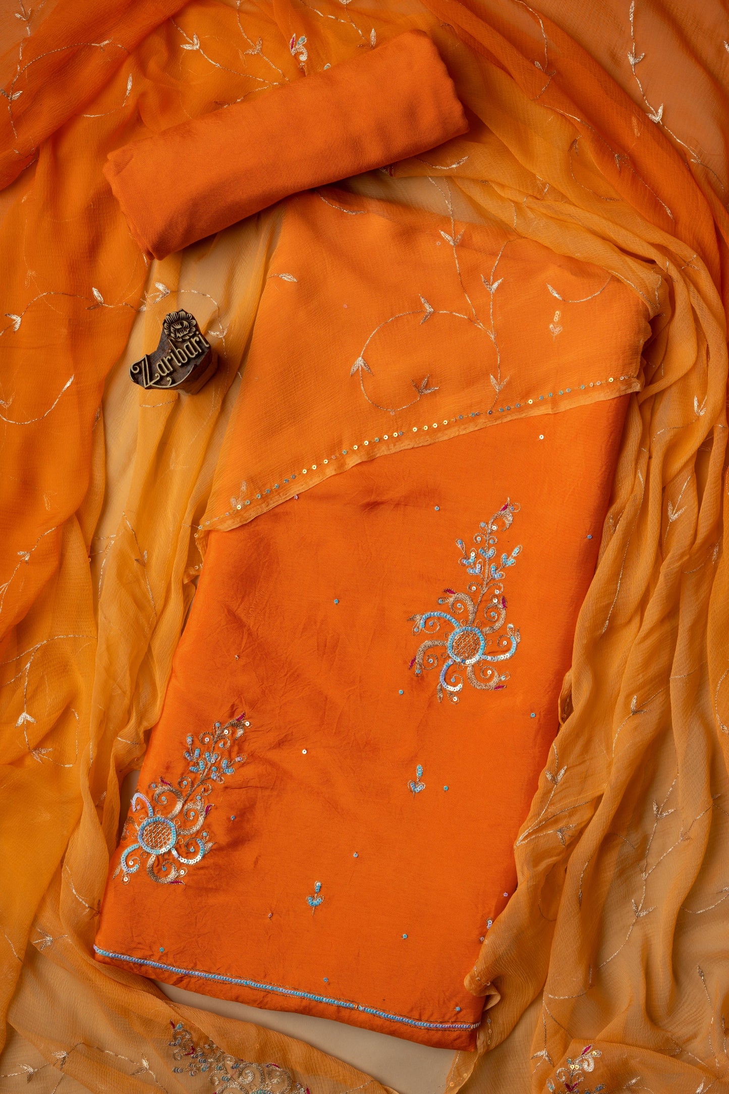 Orange Zari Chakari Butta Russian Silk Unstitched Suit