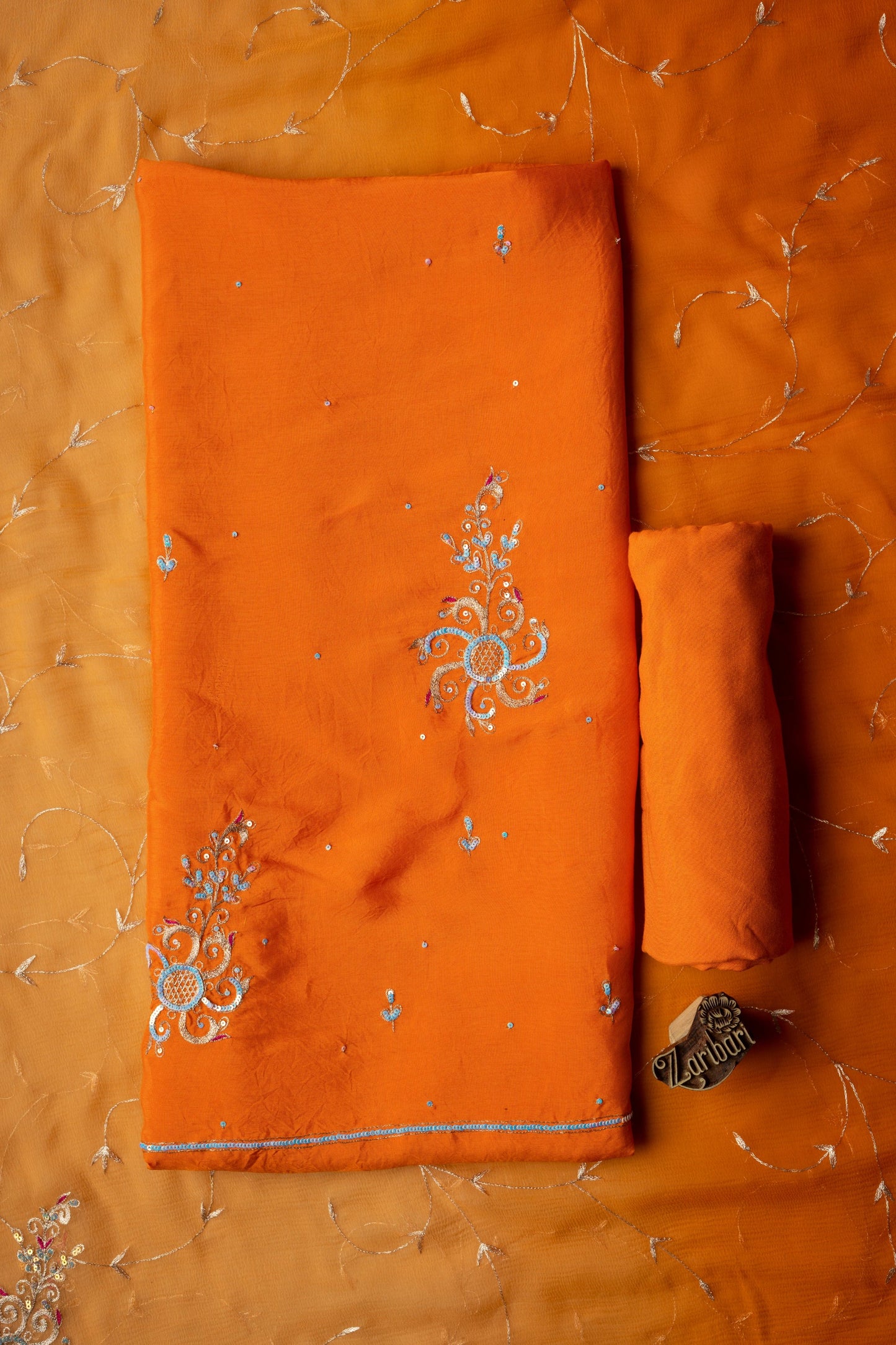 Orange Zari Chakari Butta Russian Silk Unstitched Suit