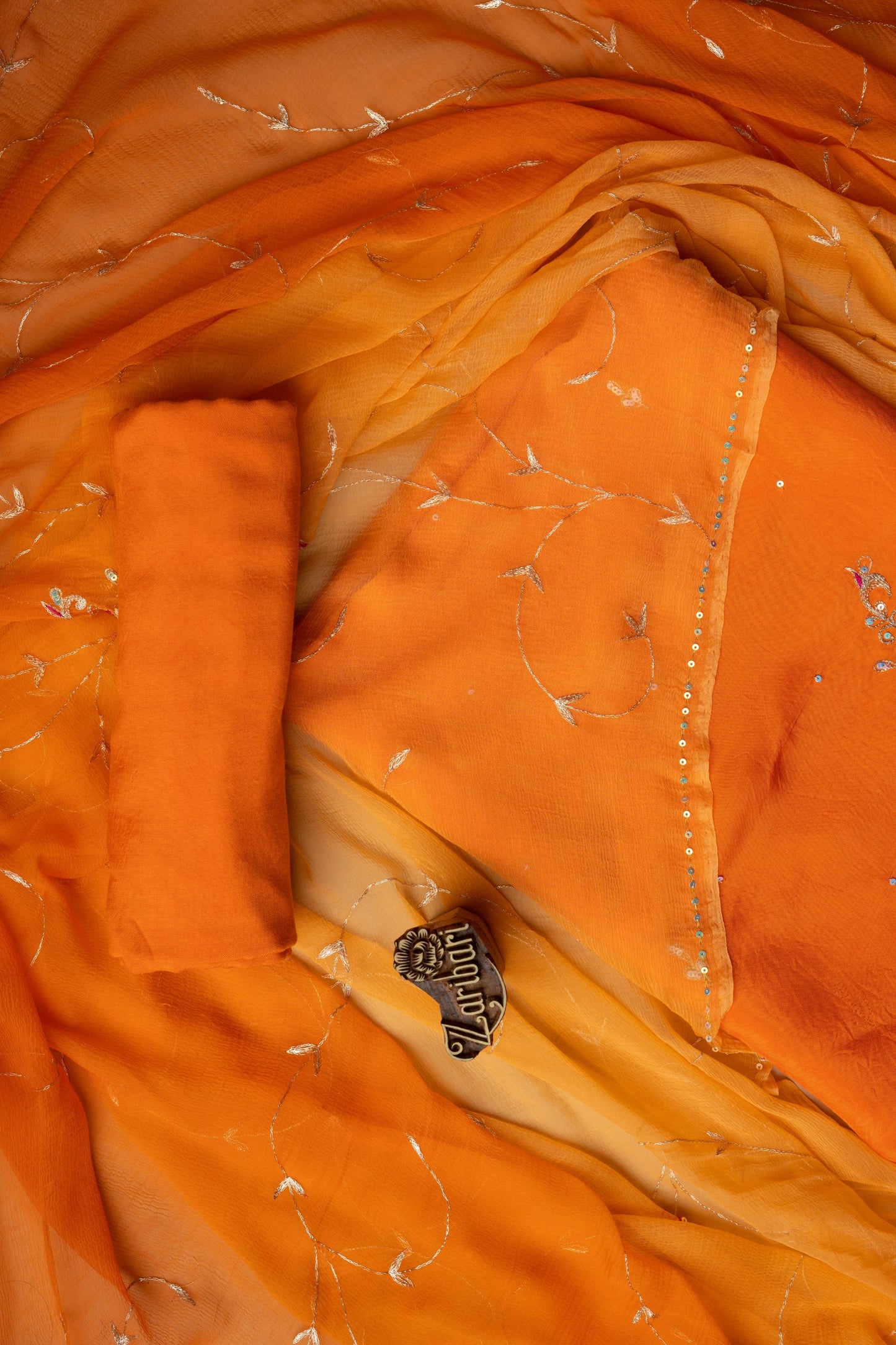 Orange Zari Chakari Butta Russian Silk Unstitched Suit
