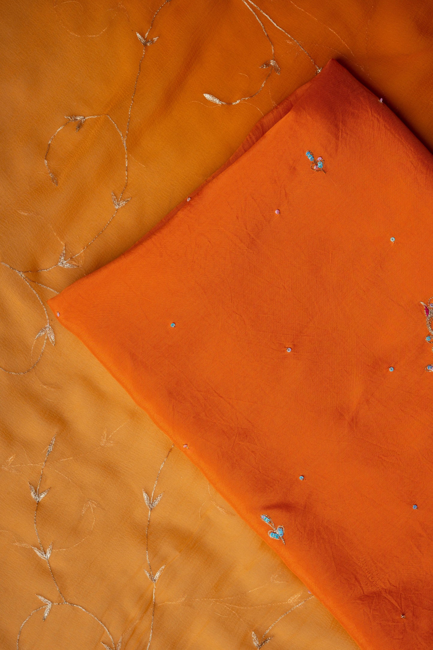 Orange Zari Chakari Butta Russian Silk Unstitched Suit