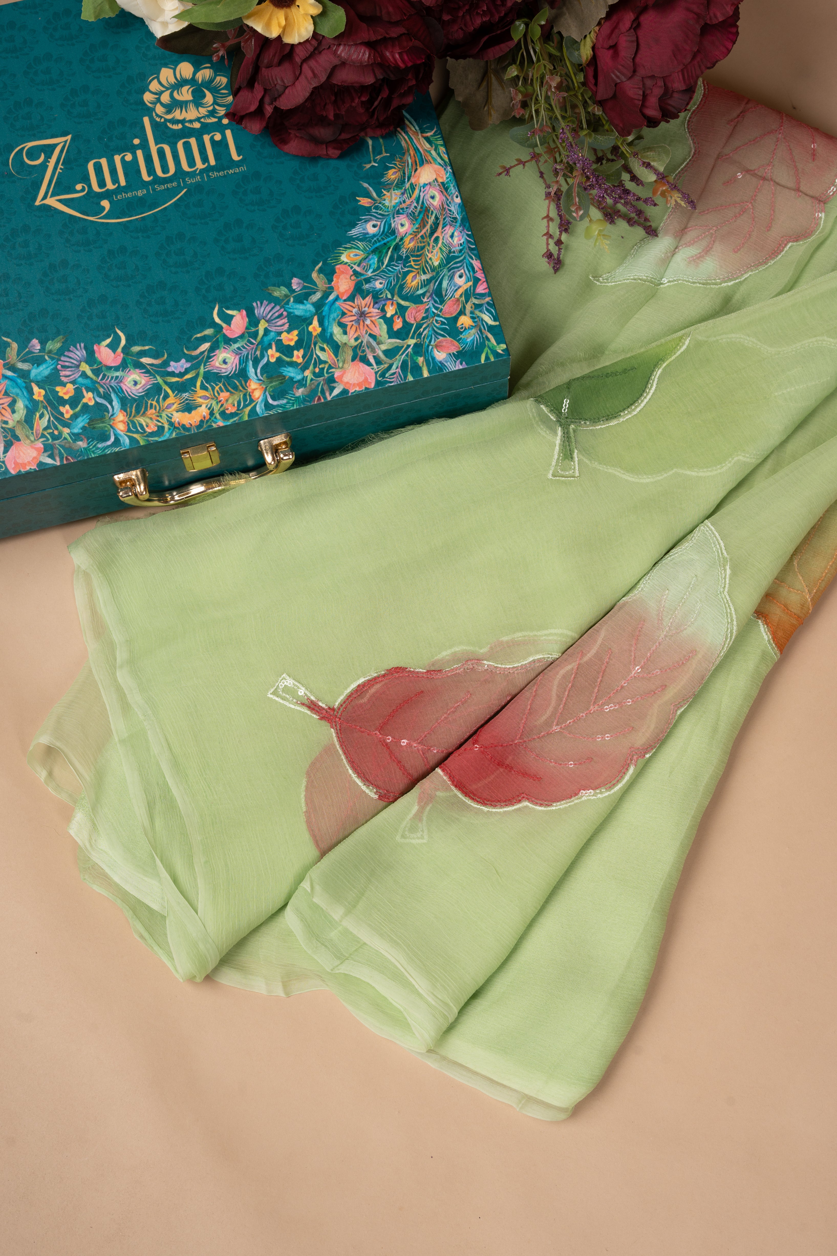 Parrot green embroidered chiffon saree with blouse - Hirpara House - 2297883