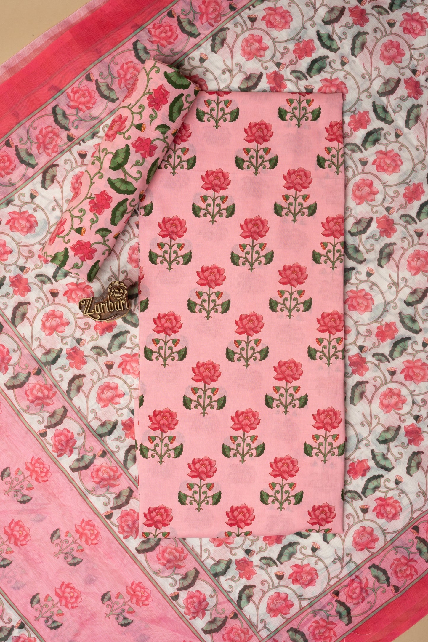 Peach Printed D6 Cotton Unstitched Suit