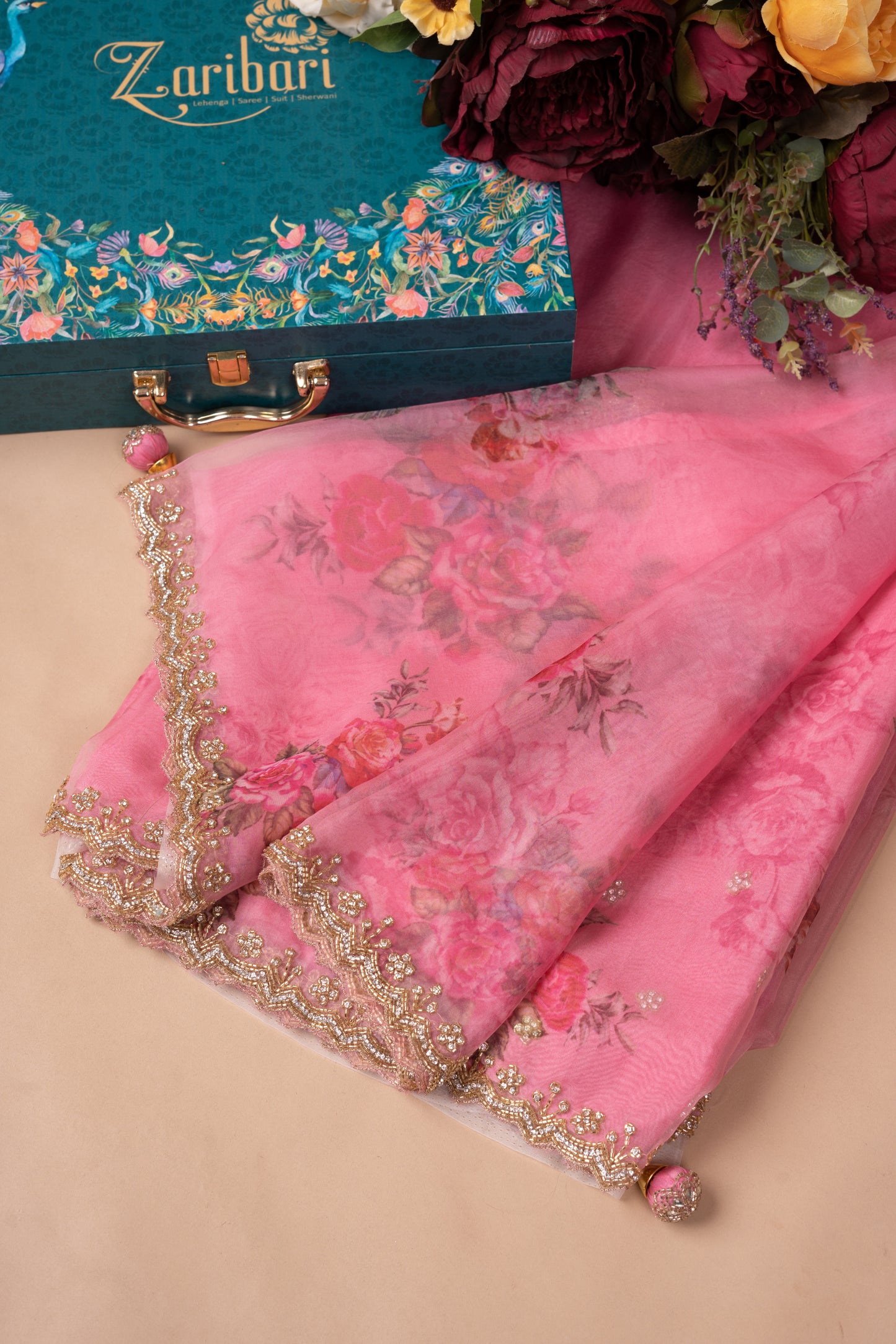 Pink Cut Work Border Organza Silk Printed Saree