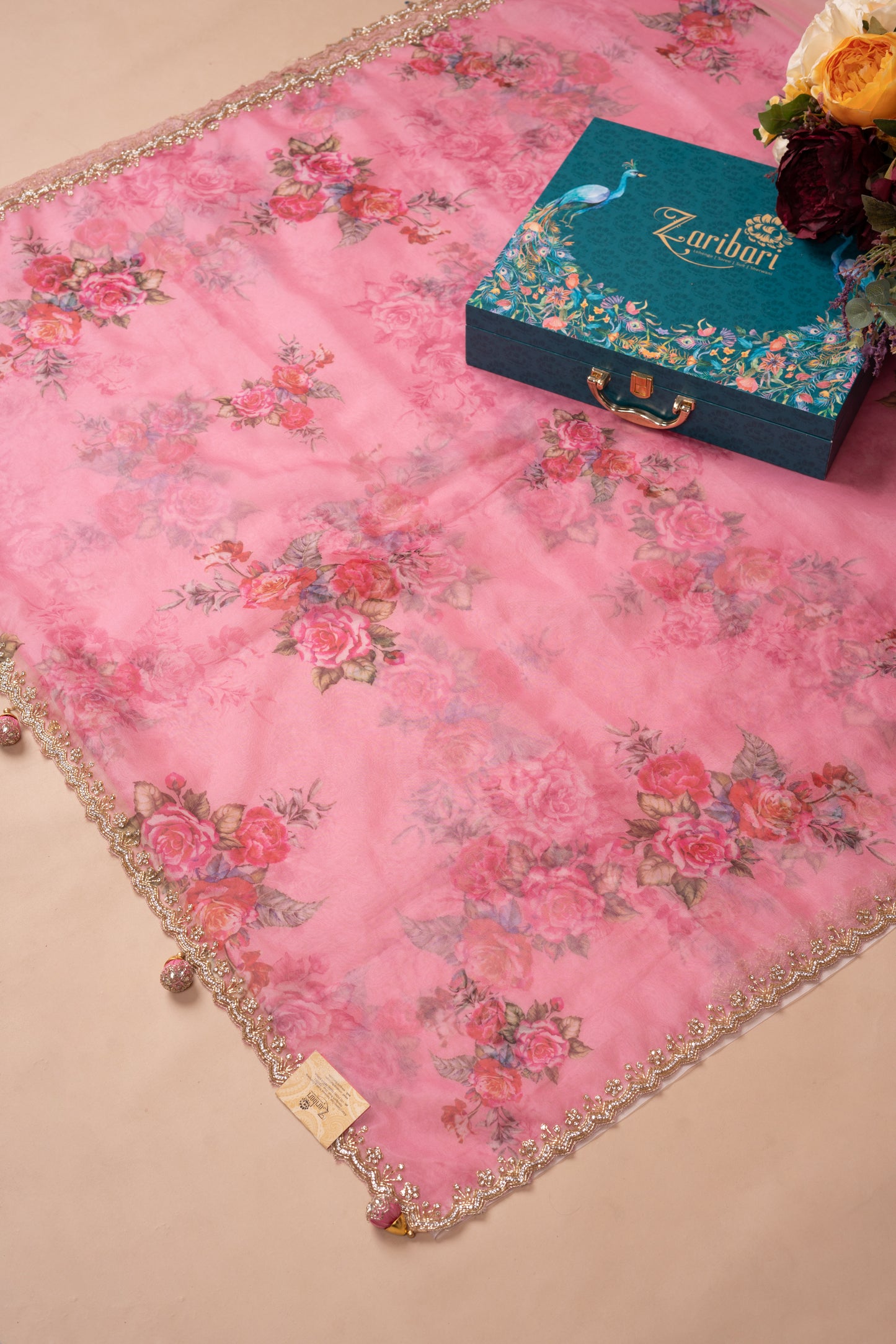Pink Cut Work Border Organza Silk Printed Saree