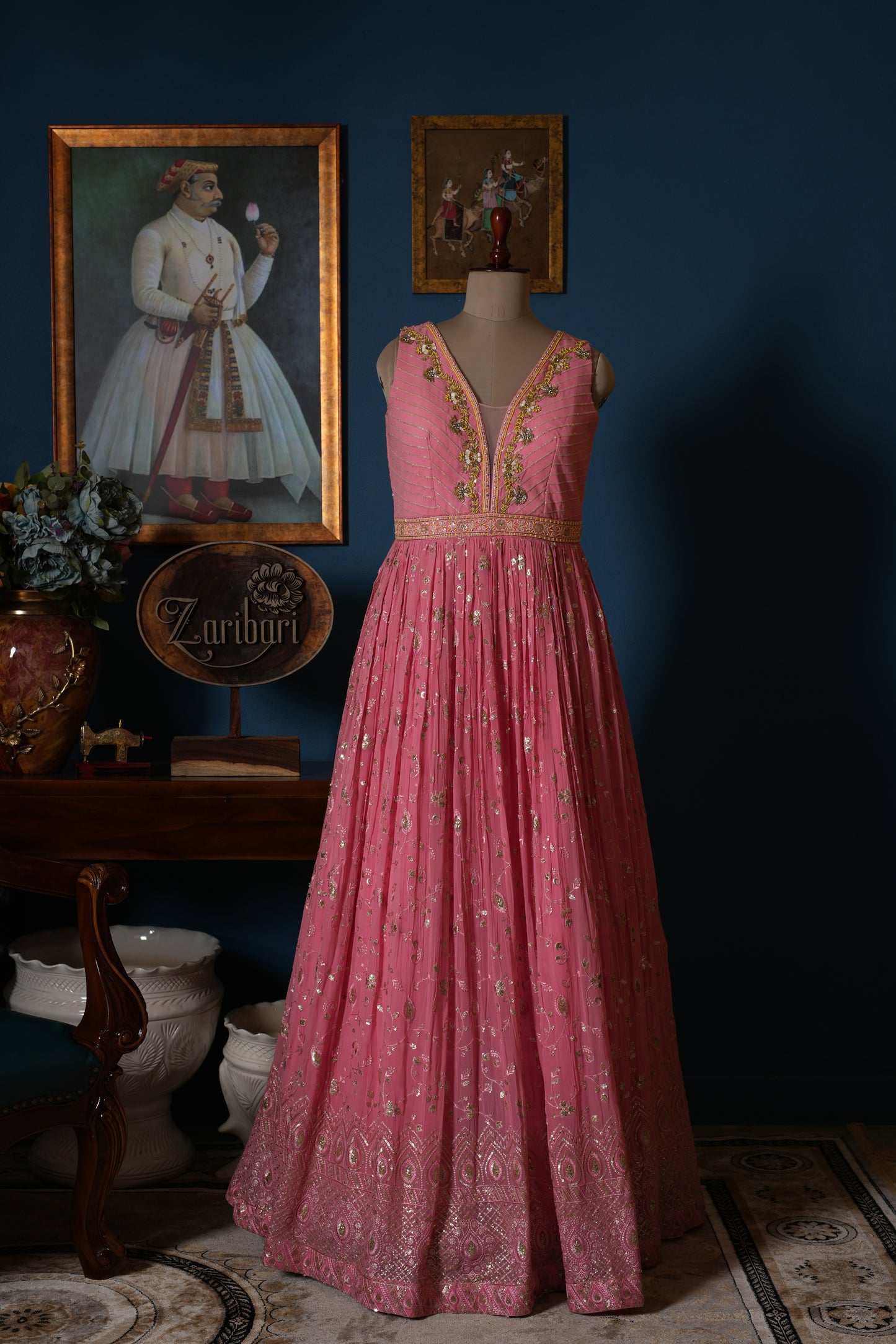 Pink Designer Sequins Zarijaal Pure Georgette Anarkali