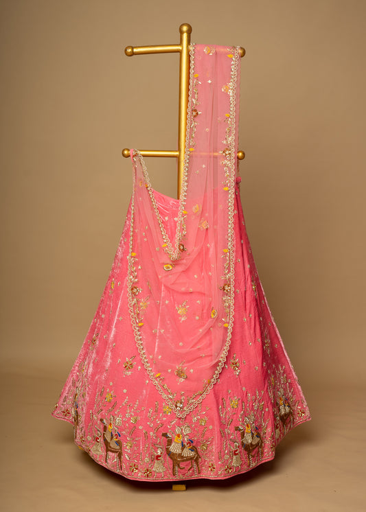 Pink Designer Single Camel Pure Velvet Lehenga