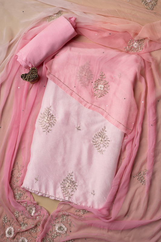 Pink Kardana Butta Pure Dola Silk Unstitched Suit