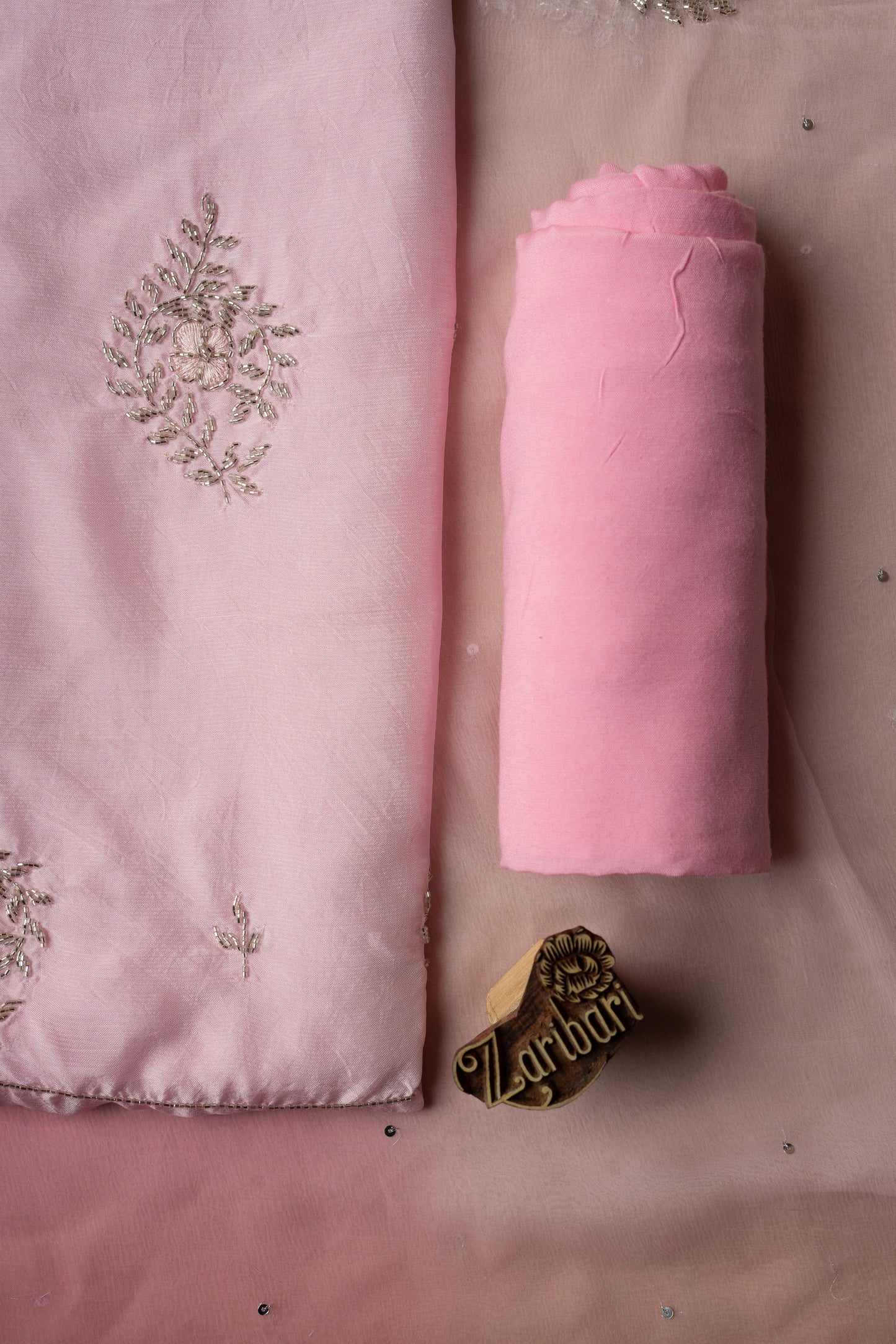 Pink Kardana Butta Pure Dola Silk Unstitched Suit