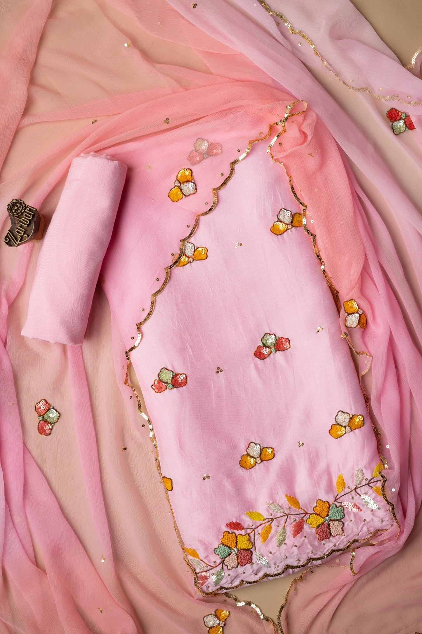 Pink Kora Sequins Butti Russian Silk D1 Unstitched Suit