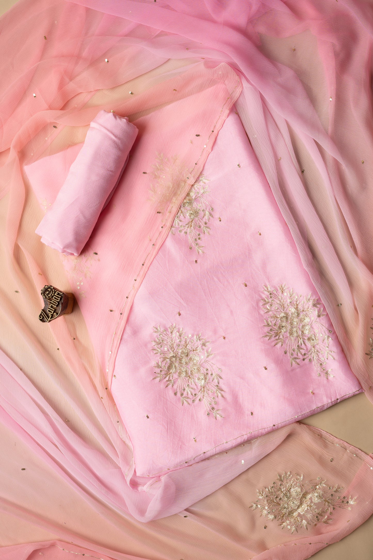 Pink Zari Sequins Butta Russian Silk D2 Unstitched Suit