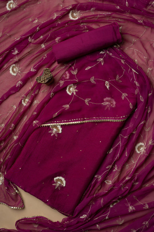 Purple Daman Butti Chowk Pure Dola Silk Unstitched Suit