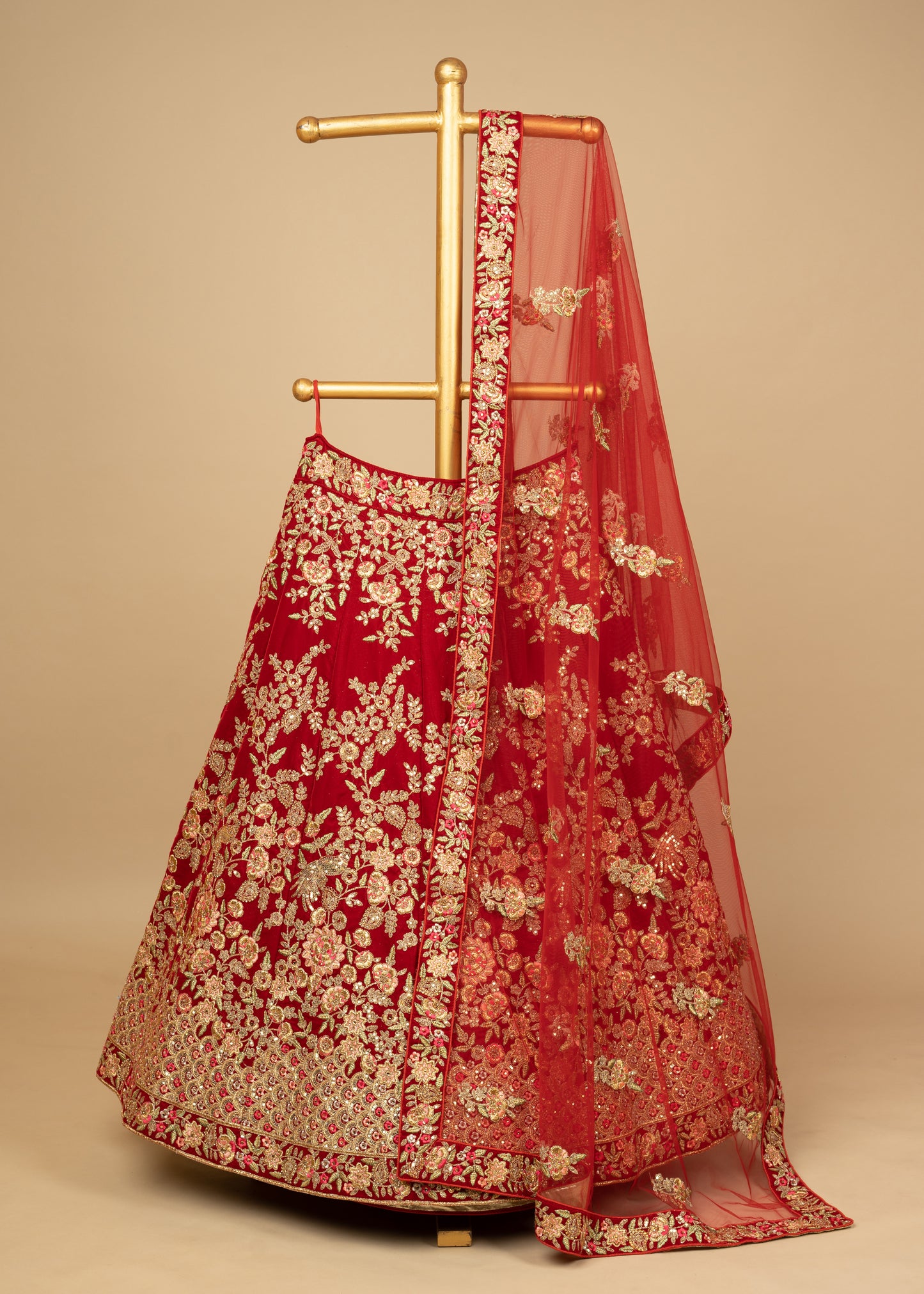 Reddish Maroon Designer Chidiya Sequins 9K Velvet Bridal Lehenga