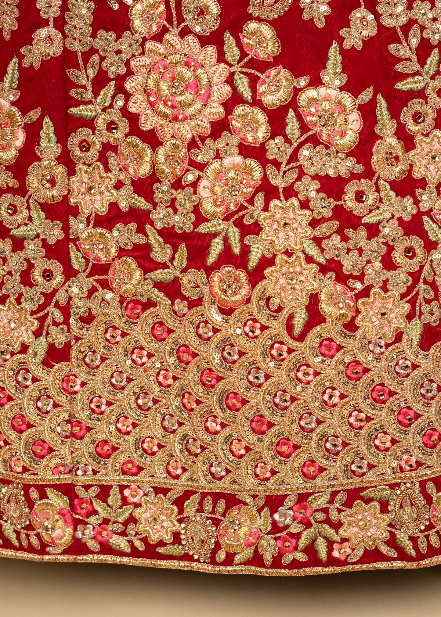 Reddish Maroon Designer Chidiya Sequins 9K Velvet Bridal Lehenga