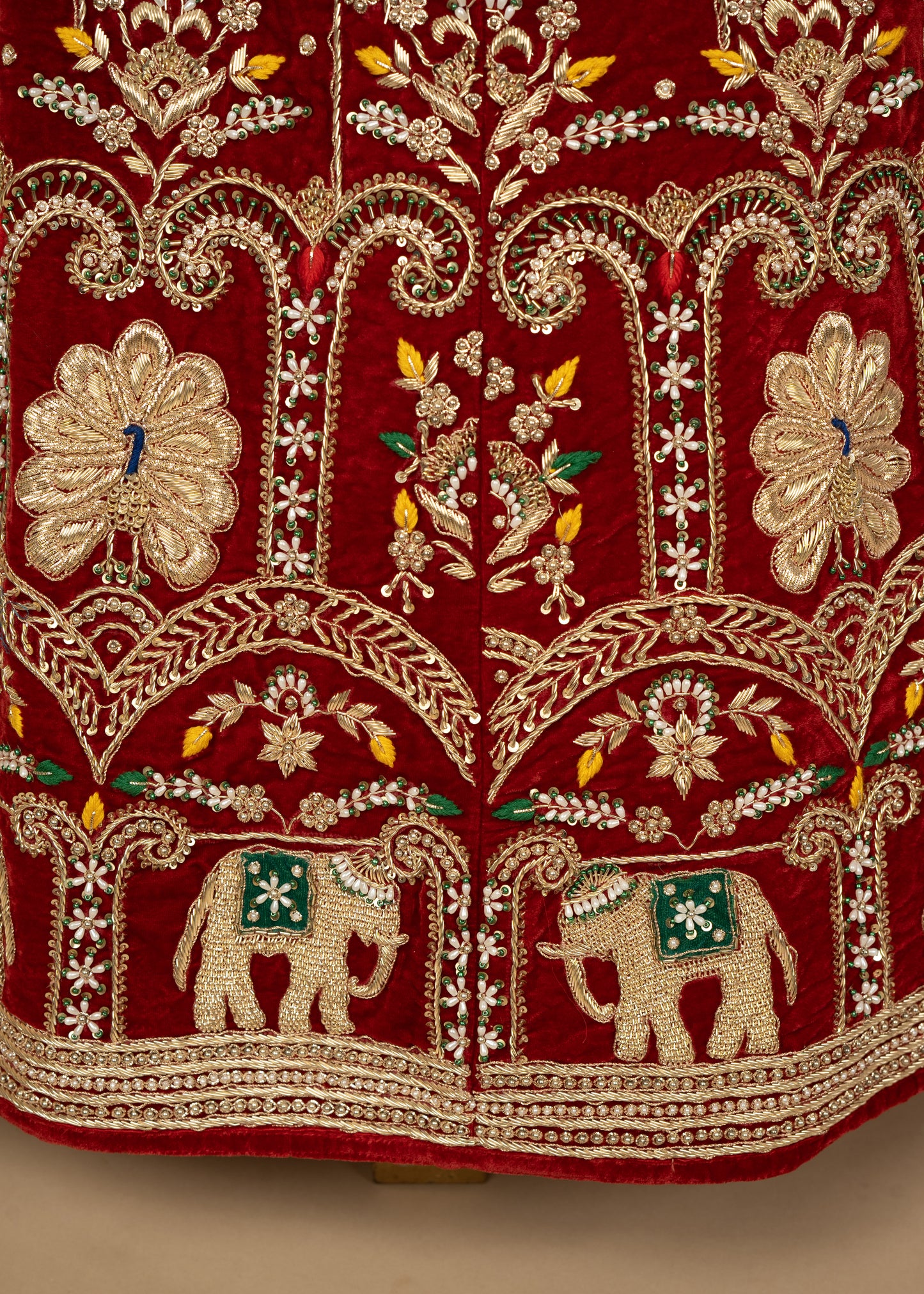 Reddish Maroon Designer Elephant Peacock Horse Design 9K Velvet Bridal Lehenga