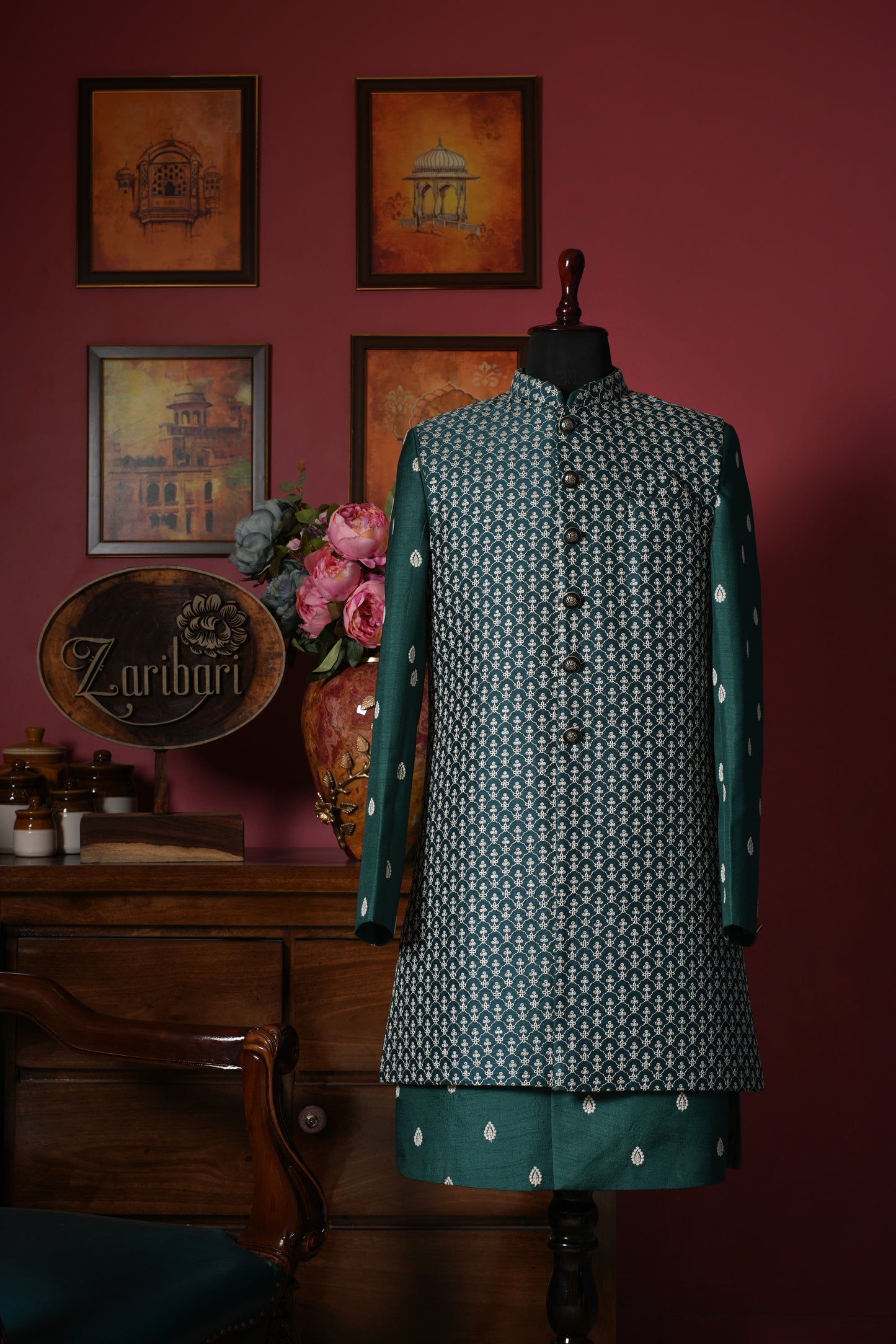 Rama Green Designer DD Silk Achkan Style IndoWestern