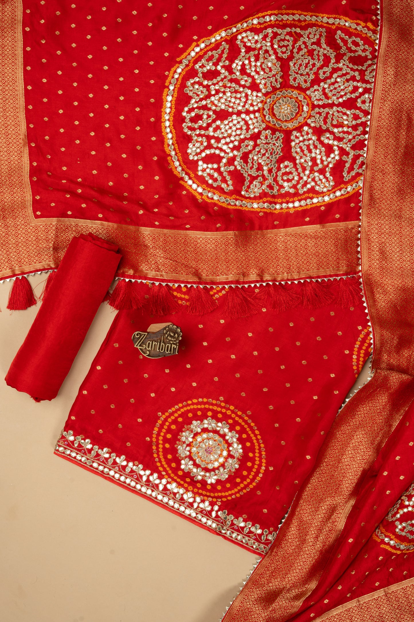 Red Bandhej Gota Patti Upada Silk Unstitched Suit