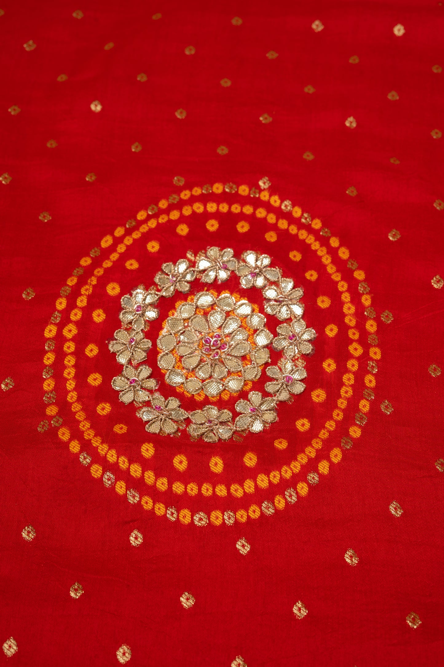 Red Bandhej Gota Patti Upada Silk Unstitched Suit