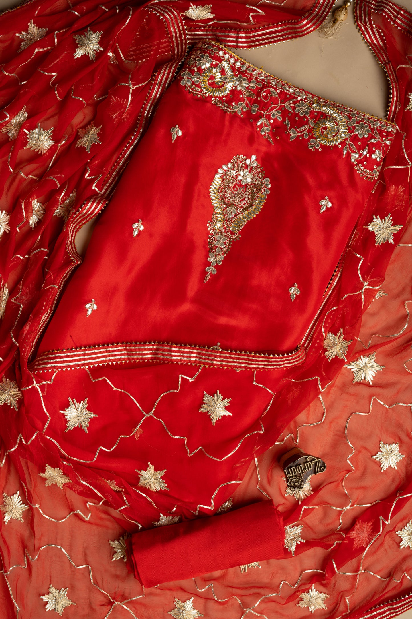 Red Border Daman Butta Upada Silk D1 Unstitched Suit