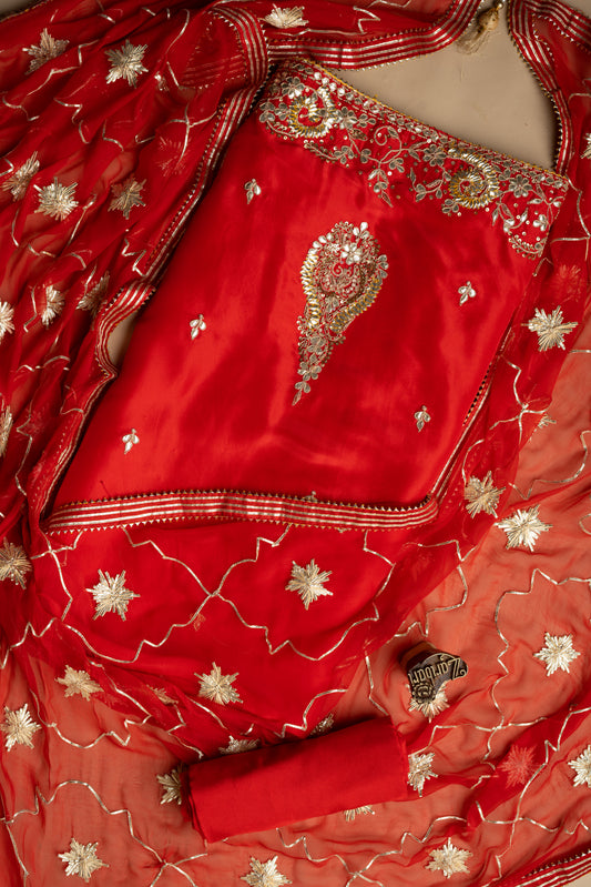 Red Border Daman Butta Upada Silk D1 Unstitched Suit