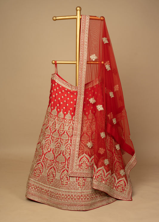 Red Designer Chhataree Design Raw Silk Bridal Lehenga