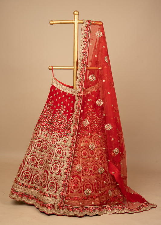 Red Designer Cut Work Border Velvet Bridal Lehenga