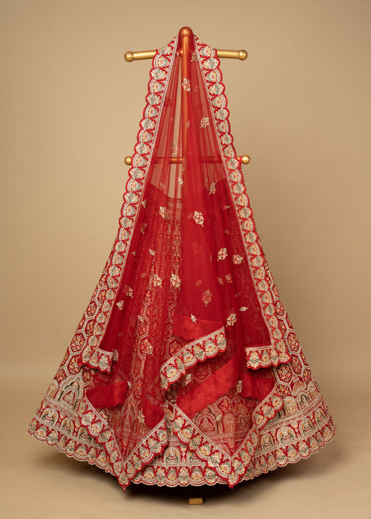 Red Designer Mehrav Design 9K Velvet Bridal Lehenga