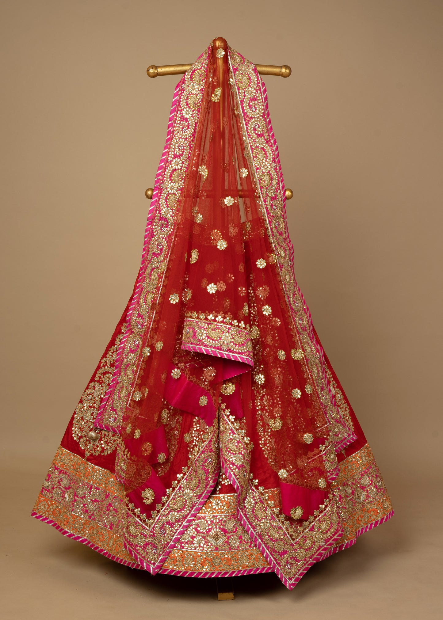 Red Designer Orange Rani Patch Design Gota Patti Raw Silk Bridal Lehenga
