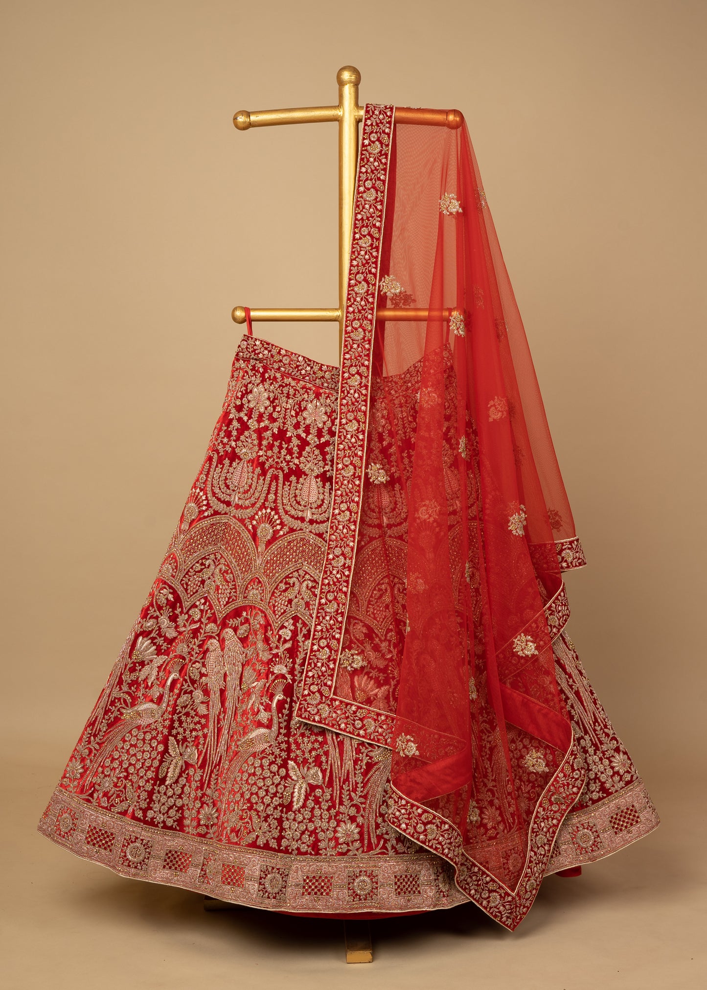 Red Designer Parrot Peacock Design Lycra Velvet Bridal Lehenga