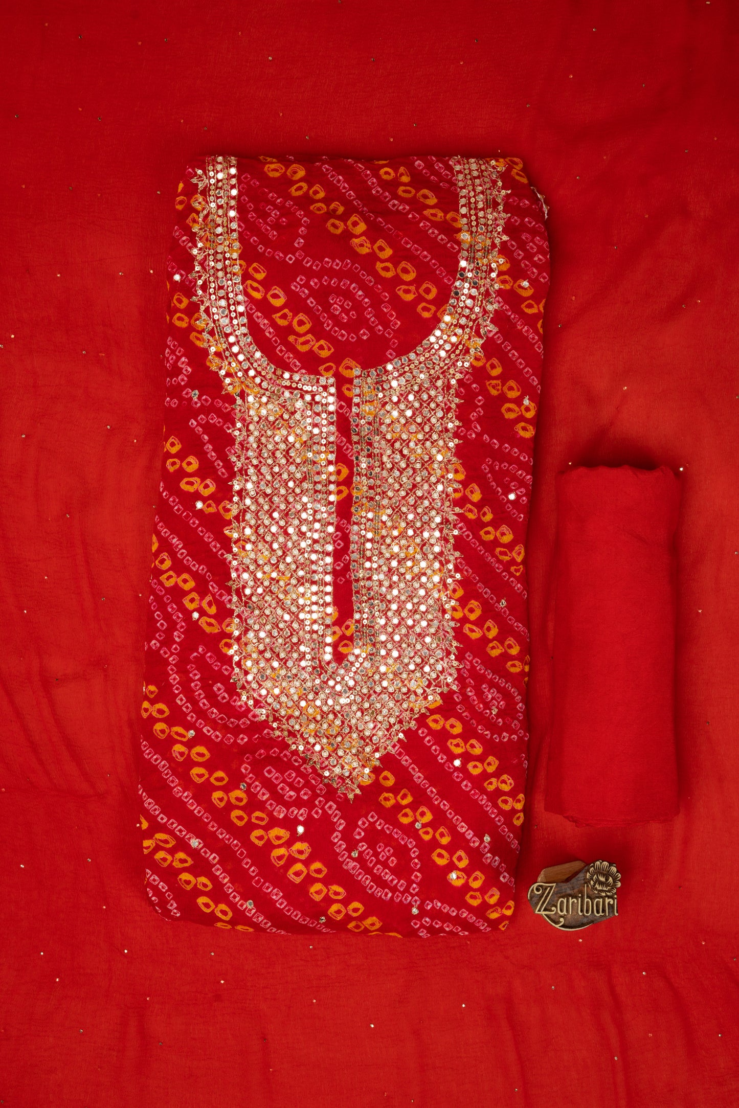 Red RK 7634 Pure Crepe Bandhej Unstitched Suit