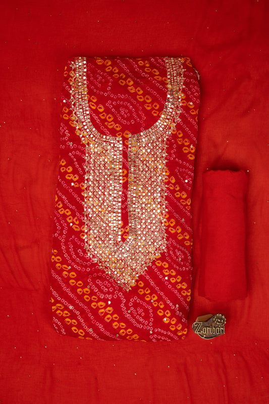 Red RK 7634 Pure Crepe Bandhej Unstitched Suit