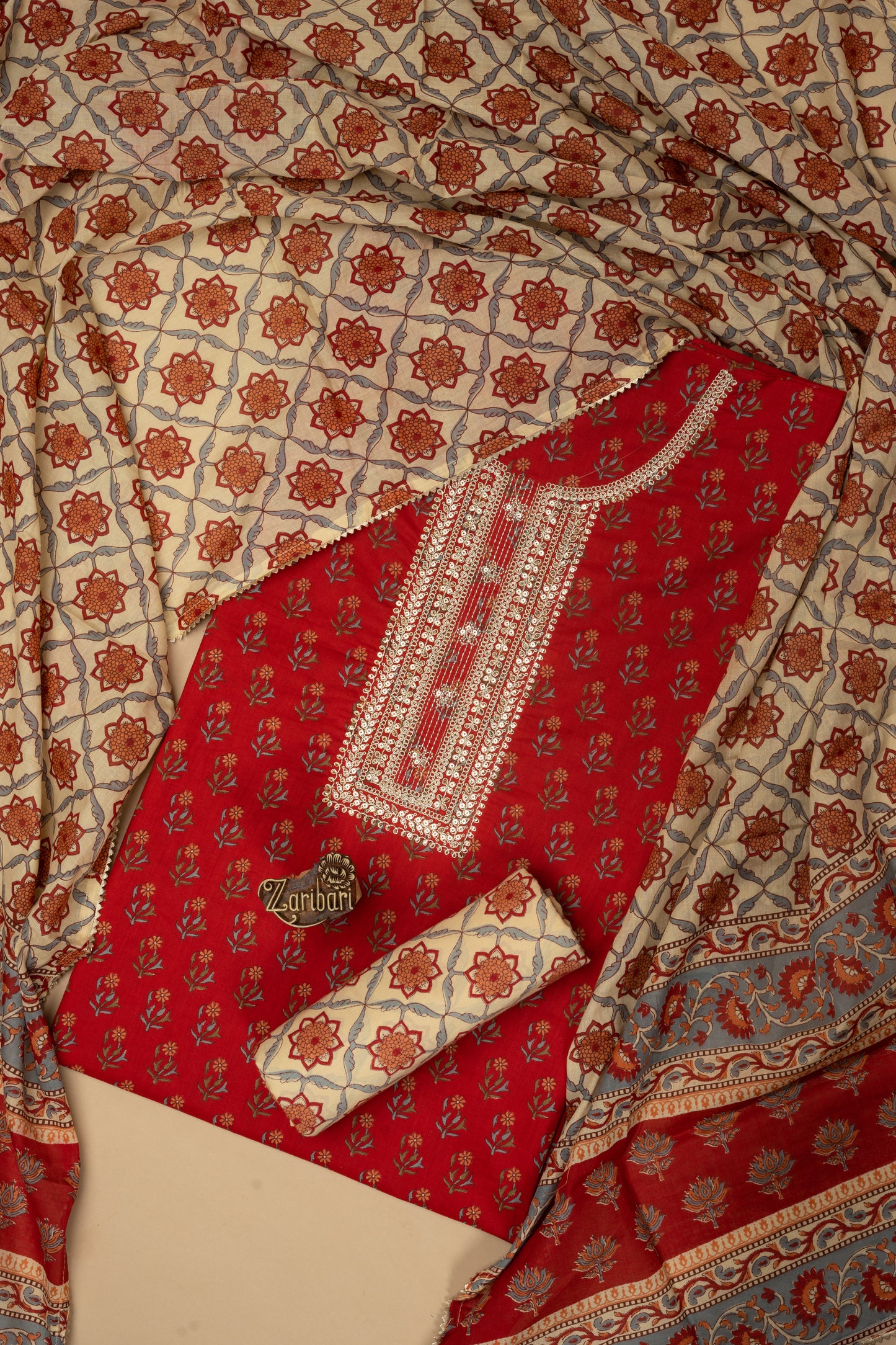 Red S 4377 Cotton Unstitched Suit