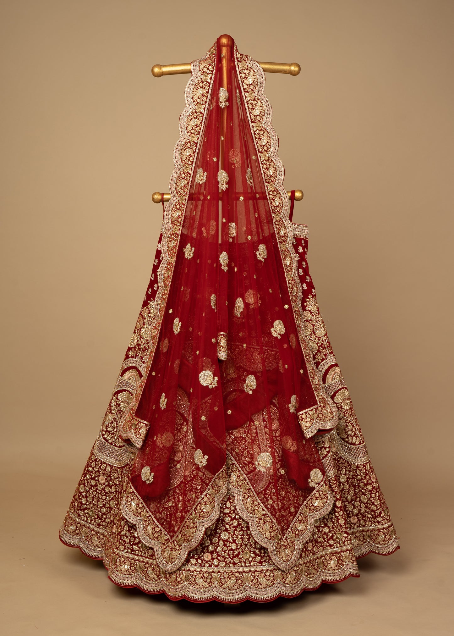 Reddish Maroon Designer Mehrav Chidiya 9K Velvet Bridal Lehenga